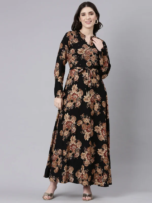Neeru's Black Straight Casual Striped Maxi Dresses Stylish Maxi Dress with Frills