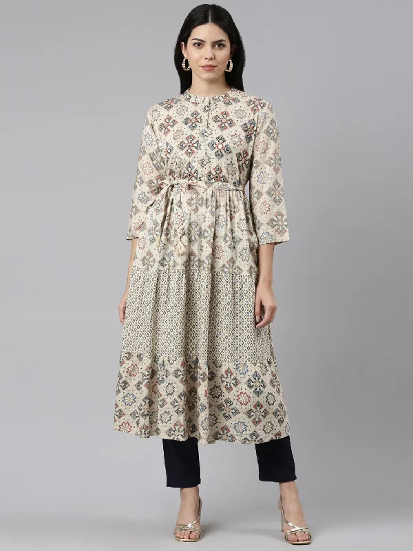 Neeru's Cream Straight Casual Printed Maxi Dresses Trendy Maxi Dress with Lace