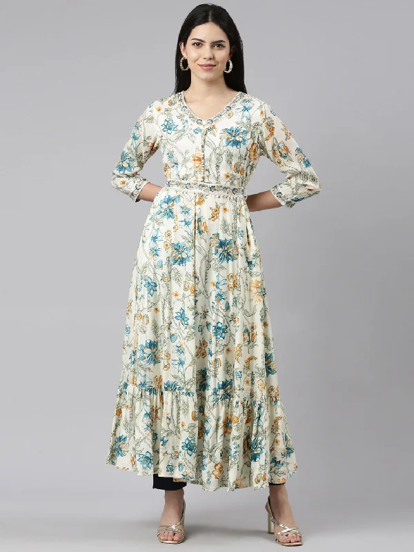 Neeru's Cream Straight Casual Printed Maxi Dresses Stylish Maxi Dress with Pleats