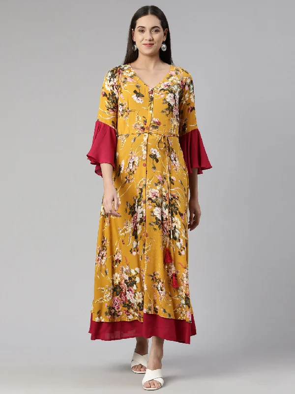 Neeru's Floral Ethnic Bell Sleeves Maxi Dress Fashionable Chiffon Tiered Maxi Dress