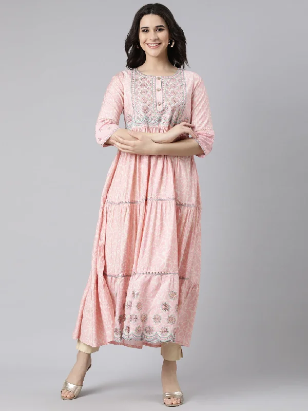 Neerus Pink Flared Casual Floral Maxi Dresses Trendy V-Neck Maxi Dress