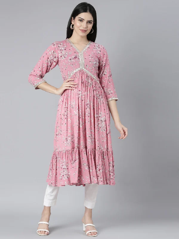 Neerus Pink Straight Casual Floral Maxi Dresses Trendy Satin Maxi Dress