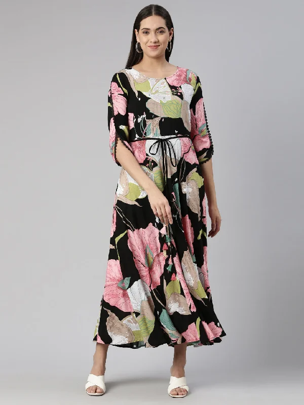 Neeru's Round Neck Printed Maxi Dress Fashionable Maxi Dress with Fringe