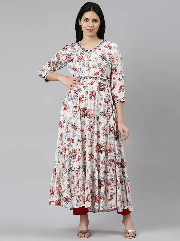 Neeru's White Straight Casual Printed Maxi Dresses Trendy Floral Print Maxi Dress