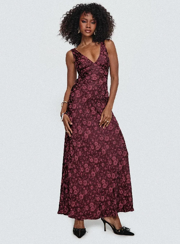 Nell Jacquard Maxi Dress Burgundy Elegant Velvet Maxi Dress