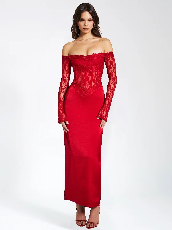 Nessa Red Lace Satin Corset Maxi Dress Comfortable Ruffle Maxi Dress