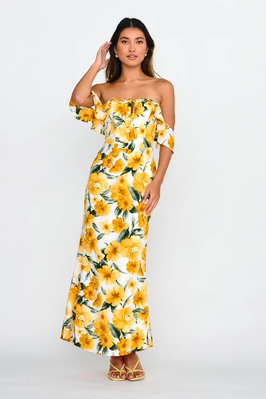 New Era Off Shoulder Maxi Dress Floral Yellow Comfortable T-Shirt Maxi Dress