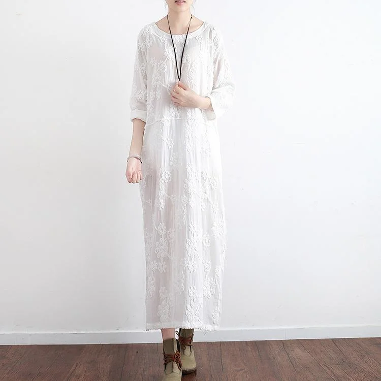 new white embroidery cotton dresses plus size loose sundress vintage long sleeve maxi dress Fashionable Sheer Maxi Dress