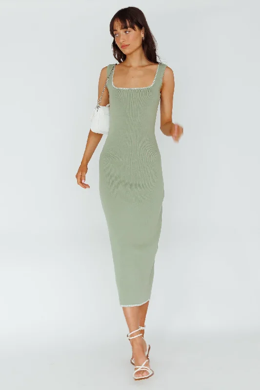 North Shore Blanket Stitch Knit Maxi Dress Sage Comfortable Ruffle Maxi Dress
