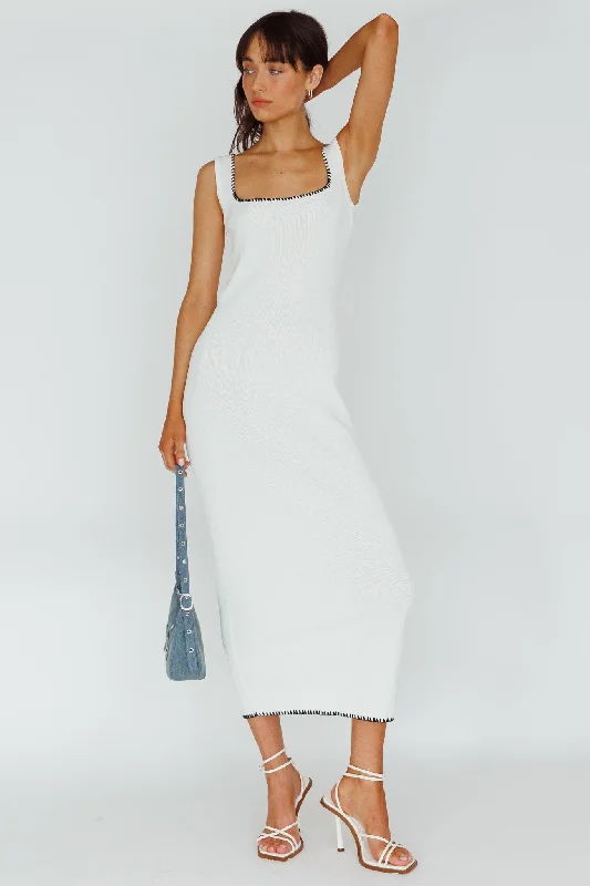 North Shore Blanket Stitch Knit Maxi Dress White Comfortable Casual Maxi Dress