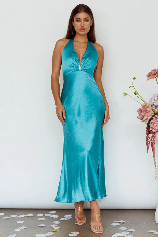 Oasis Diamante Halterneck Maxi Dress Turquoise Elegant Maxi Dress with Lace