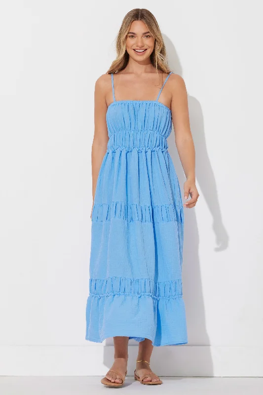 Ocean Blue Solid Gauze Maxi Dress Trendy Maxi Dress with Bow