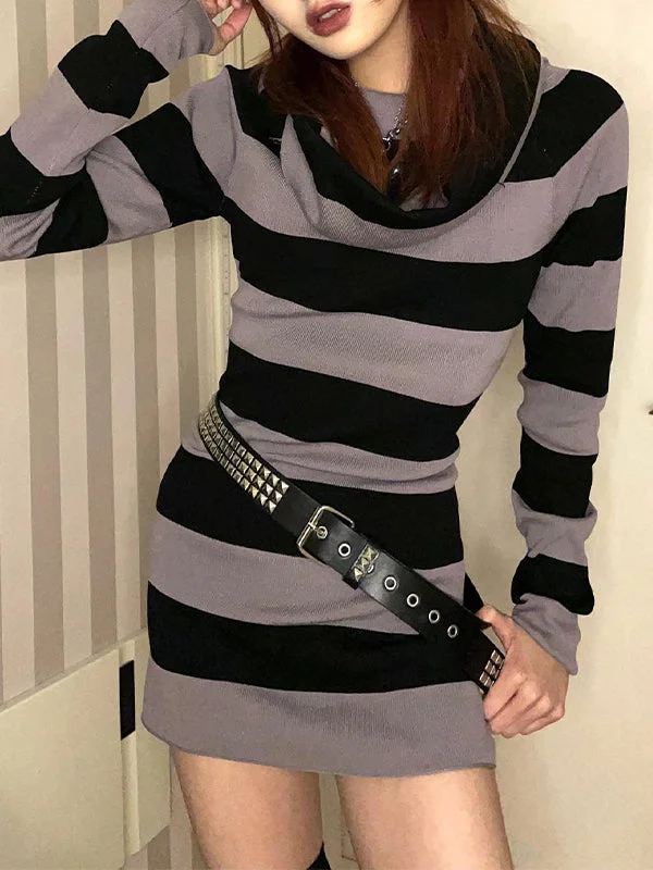 BerryBetty - Off Shoulder Long Sleeve Striped Knit Mini Dress Cozy Cotton Mini Dress BerryBetty - Off Shoulder Long Sleeve Striped Knit Mini Dress Cozy Cotton Mini Dress