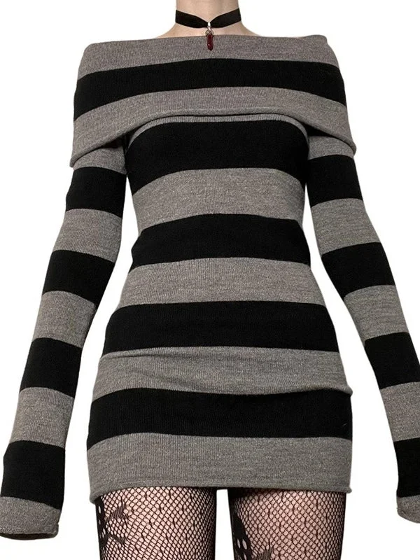 BerryBetty - Off Shoulder Long Sleeve Striped Knit Mini Dress Comfortable Casual Mini Dress