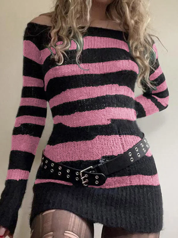 BerryBetty - Off Shoulder Striped Knitted Mini Dress Stylish Ruffle Mini Dress