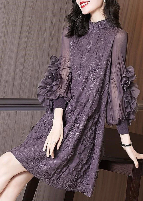 Original Design Purple Stand Collar Embroidered Nail Bead Silk Maxi Dress Long Sleeve Comfortable Ruffle Maxi Dress Original Design Purple Stand Collar Embroidered Nail Bead Silk Maxi Dress Long Sleeve Comfortable Ruffle Maxi Dress