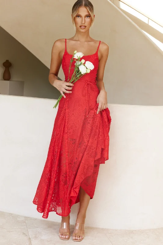 Palm Springs Lace Overlay Maxi Dress Red Trendy Floral Print Maxi Dress