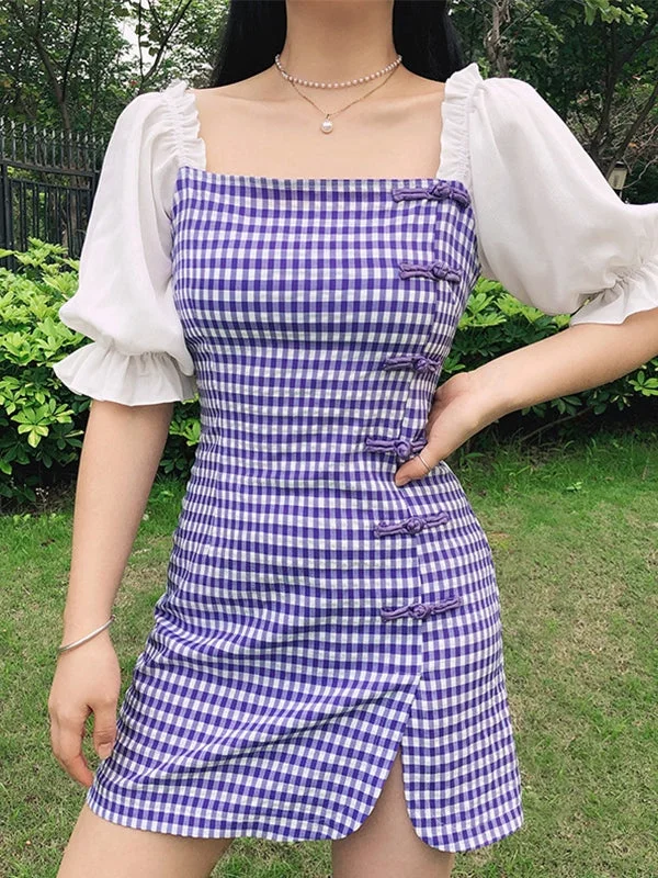 BerryBetty - Patchwork Checkered Puff Sleeve Mini Dress Cozy Knitted Mini Dress