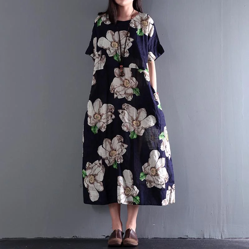 Plus Size Vintage Summer Floral Linen Maxi Dress Chic Sleeveless Maxi Dress