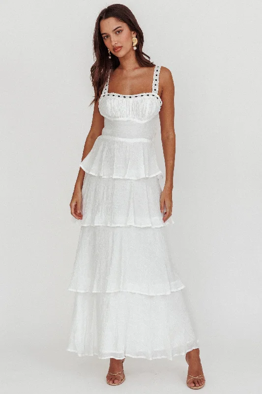 Provence Bloom Tiered Ruffle Maxi Dress White Cozy Ruffle Sleeve Maxi Dress