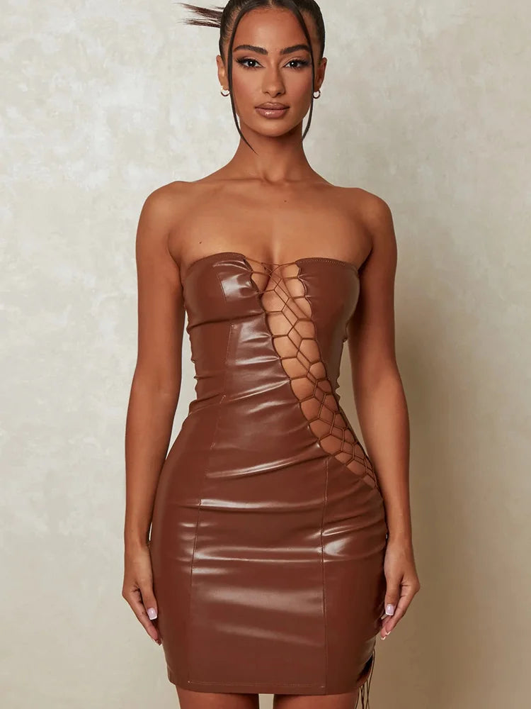 DressBetty - 2024 PU Leather Strapless Sleeveless Mini Dress Cut Out Dresses Cozy Satin Mini Dress DressBetty - 2024 PU Leather Strapless Sleeveless Mini Dress Cut Out Dresses Cozy Satin Mini Dress