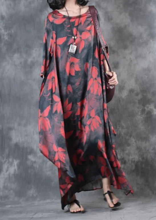 Red Prints Summer Silk Sundress Oversize Vintage Casual Dresses O-Neck Asymmetric Maxi Dress Comfortable Long-Sleeve Maxi Dress Red Prints Summer Silk Sundress Oversize Vintage Casual Dresses O-Neck Asymmetric Maxi Dress Comfortable Long-Sleeve Maxi Dress