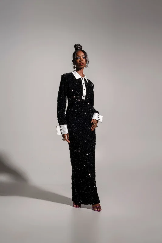 REI Sequin Maxi Dress in ONYX Comfortable Cotton Maxi Dress