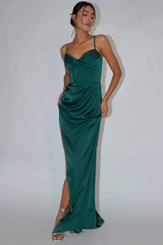 Secret Sweetheart Neckline Split Maxi Dress Hunter Green Elegant Maxi Dress with Belt