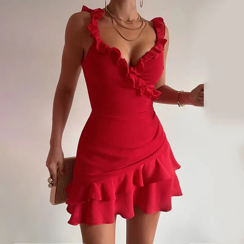 Sexy Suspender Ruffled Plunge Frill Sleeveless Beach Party Mini Dress Trendy Lace Mini Dress Sexy Suspender Ruffled Plunge Frill Sleeveless Beach Party Mini Dress Trendy Lace Mini Dress