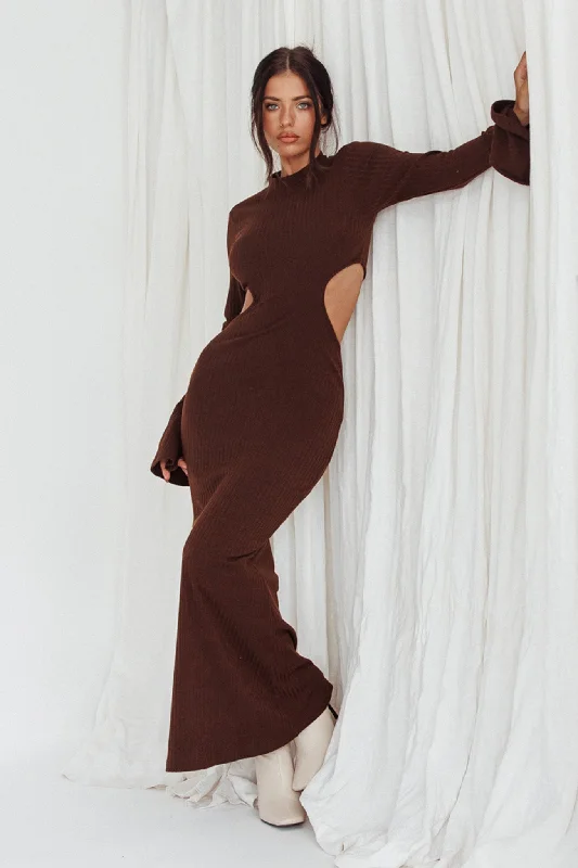 Shianne Long Sleeve Knit Maxi Dress Chocolate Cozy Longline Maxi Dress