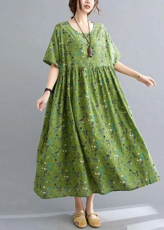 Simple Green Circle O-Neck Print Summer Loose Maxi Dresses Half Sleeve Cozy Maxi Dress with Slit