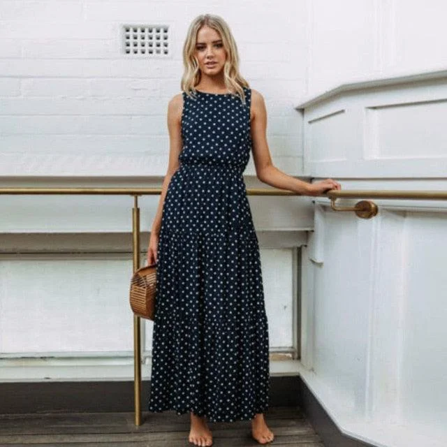 Sleeveless Polka Dots Maxi Dress Elegant Boho Maxi Dress
