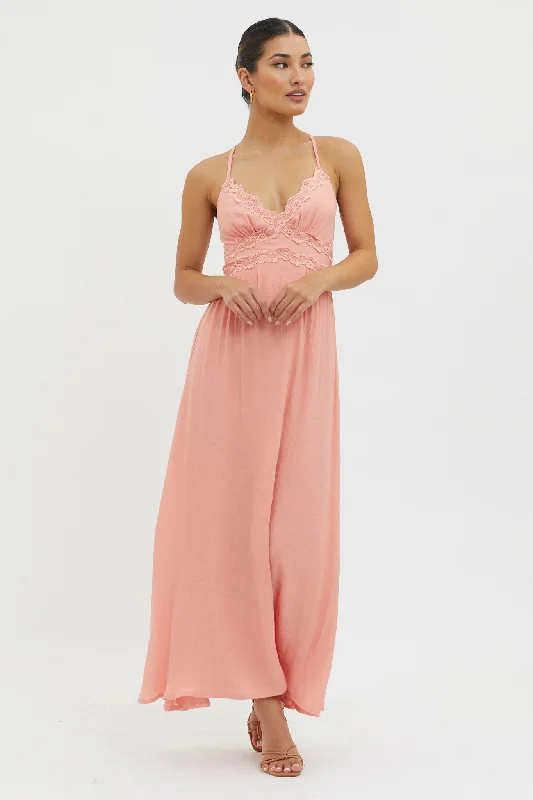 Slow It Down Lace Trim Maxi Dress Peach Elegant Floral Maxi Dress
