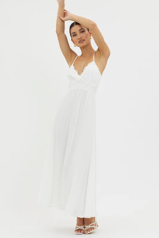 Slow It Down Lace Trim Maxi Dress White Fashionable Halter Neck Maxi Dress