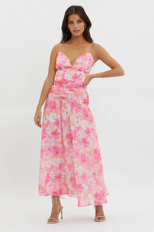 So Blessed Ruched Waist Maxi Dress Pink Comfortable Satin Maxi Dress