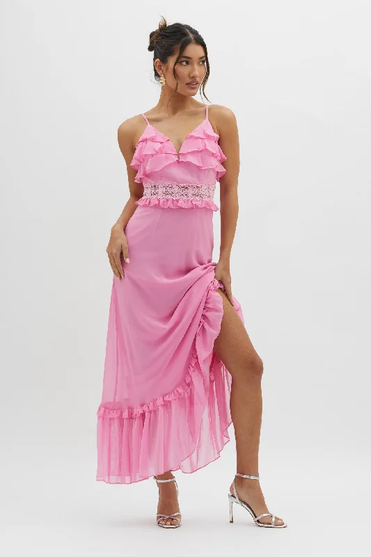 Spirited Ruffle Bust Maxi Dress Pink Comfortable Bohemian Maxi Dress