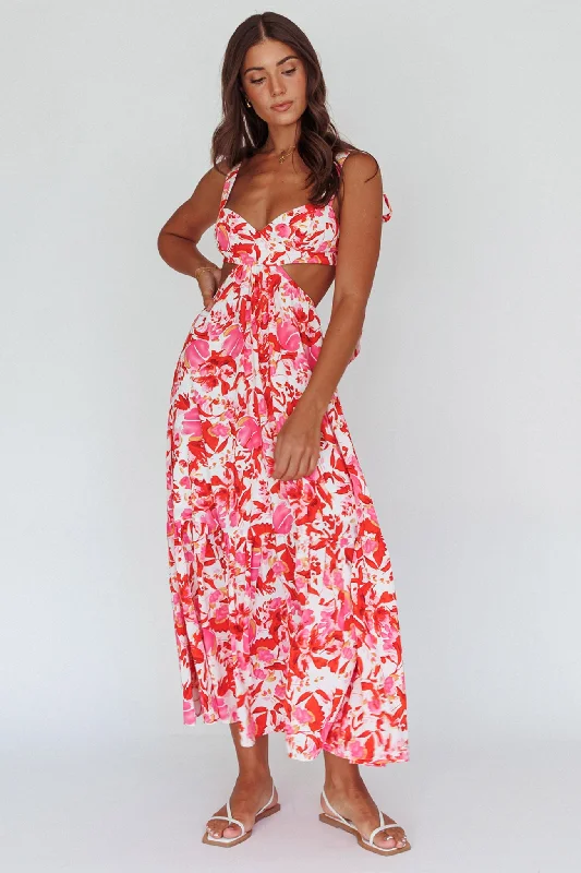 Sun Seeker Tied Shoulder Cut-Out Maxi Dress Floral Red Stylish Maxi Dress with Frills Sun Seeker Tied Shoulder Cut-Out Maxi Dress Floral Red Stylish Maxi Dress with Frills
