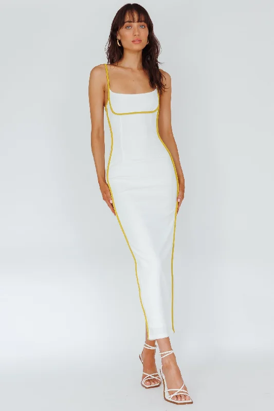 Sunny Coast Piping Trim Maxi Dress White/Yellow Fashionable Sleeveless Maxi Dress
