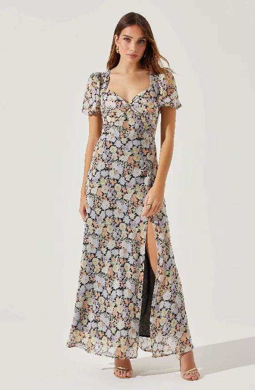 Sweetheart Neck Floral Twist Bust Maxi Dress Trendy Off-Shoulder Ruffle Maxi Dress