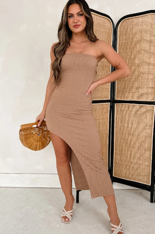 Symptoms Of Love Textured Strapless Maxi Dress (Classic Beige) Trendy Ruffled Maxi Dress