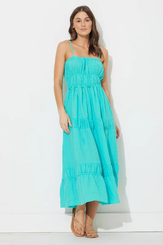 Teal Green Solid Gauze Maxi Dress Cozy Cold-Shoulder Maxi Dress