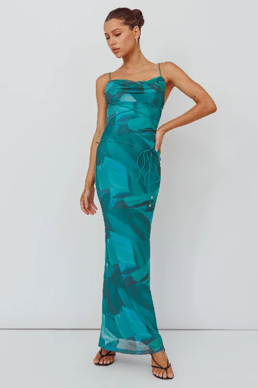Teava Laced Waist Maxi Dress Abstract Green Comfortable Pleated Maxi Dress