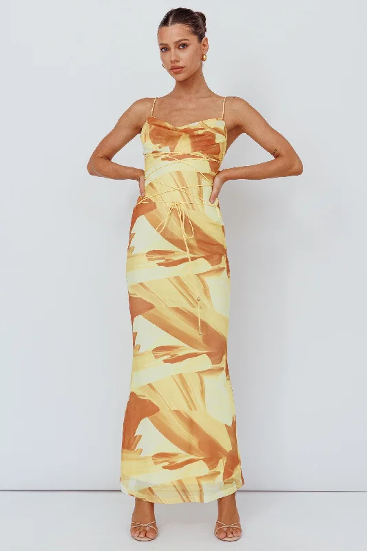 Teava Laced Waist Maxi Dress Abstract Yellow Cozy Ruffle Sleeve Maxi Dress