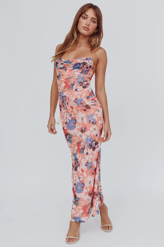 Teava Laced Waist Maxi Dress Flowers Orange Comfortable Ruffle Hem Maxi Dress