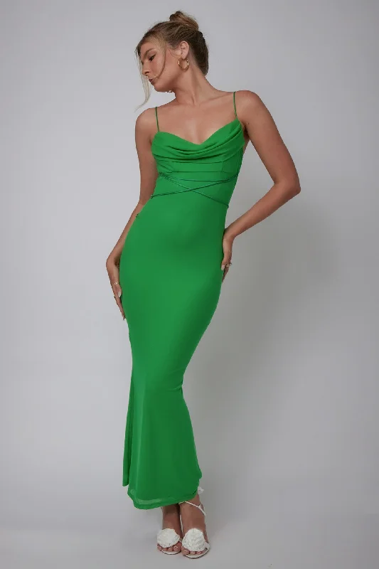 Teava Laced Waist Maxi Dress Green Comfortable Maxi Dress with Slits