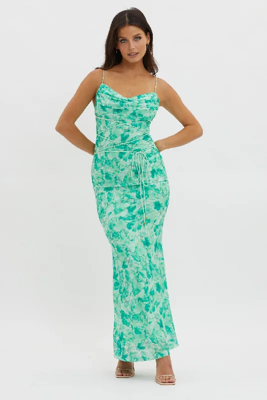 Teava Laced Waist Maxi Dress Orchid Green Stylish Off-Shoulder Maxi Dress
