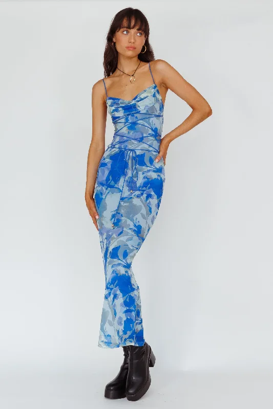 Teava Laced Waist Maxi Dress Print Floral Blue Fashionable Faux Wrap Maxi Dress
