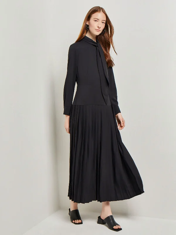Tie Neck Pleated A-Line Maxi Dress, Black Classic Black Maxi Dress