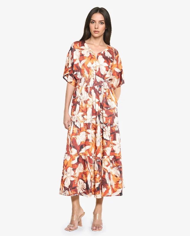 Rareism Women Toluca Light Brown Bell Sleeves V-Neck Tiered Floral Print Maxi Dress Comfortable Fit-and-Flare Maxi Dress