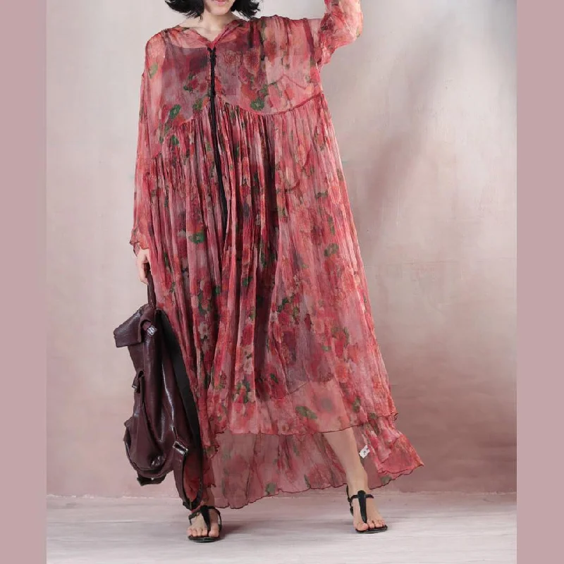 Top Quality Light Red Silk Dress Gown Print Wrinkled Drawstring Maxi Dress Elegant Maxi Dress with Slit